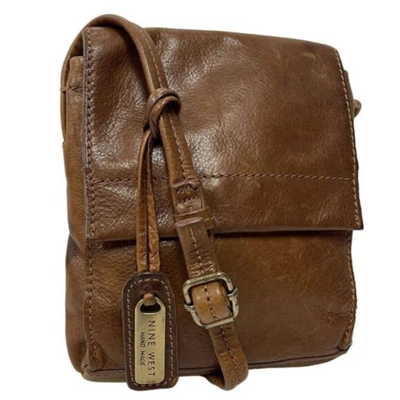 Vintage 80's Nine West Brown Leather Crossbody Bag Small BoHo Hippie Shoulder - Picture 1 of 10